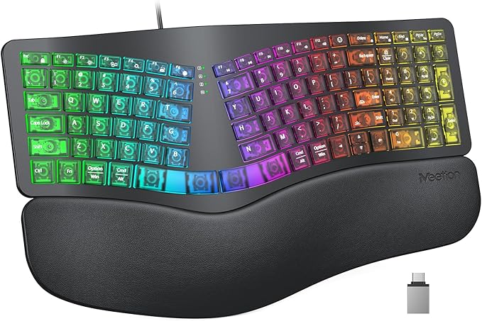 MEETION Ergonomic Keyboard Wired, 7 Colors Transparent Backlit, 4 Brightness, 1 RGB Breathing Backlit, Comfortable Wrist Rest Cushion, USB-A/USB-C Adapter Ergo Keyboard for Windows Mac Computer Laptop