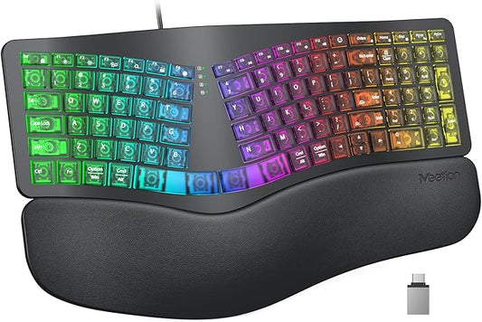 MEETION Ergonomic Keyboard Wired, 7 Colors Transparent Backlit, 4 Brightness, 1 RGB Breathing Backlit, Comfortable Wrist Rest Cushion, USB-A/USB-C Adapter Ergo Keyboard for Windows Mac Computer Laptop