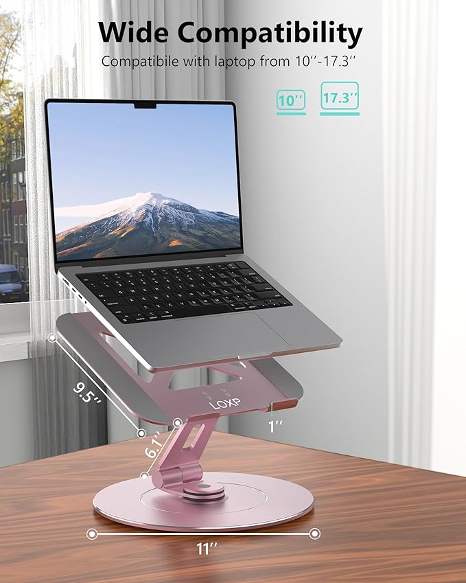 Ultra-Stable Aluminumy Laptop Stand for Desk with Foldable Phone Holder, Stylish Computer Stand for Women, Men Office, Printer Stand Fits Laptops, Pink