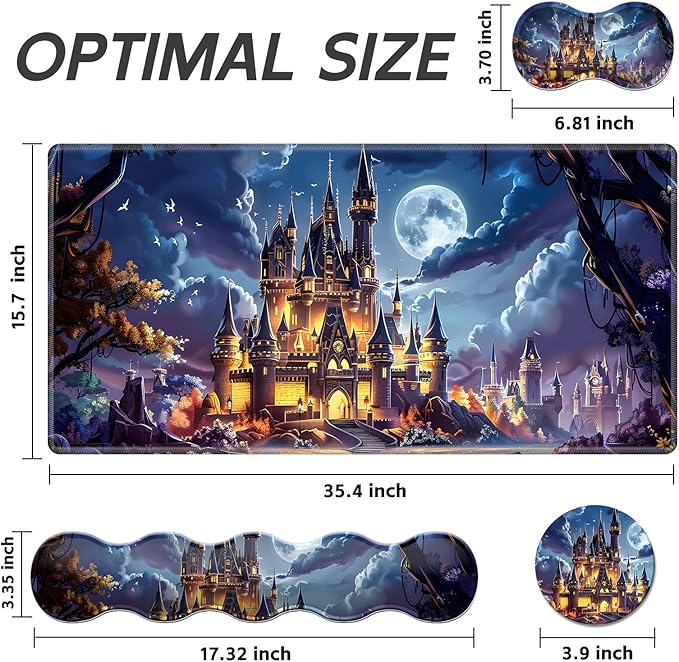 Gaming Mouse Pad Set, Moonlight Fantasy Castle Large Desk Mat Mousepad, Keyboard Wrist Support, Mouse Wrist Rest, Coaster 4in1 Ergonomic Memory Foam, Non-Slip Stitched Edge for Home Office