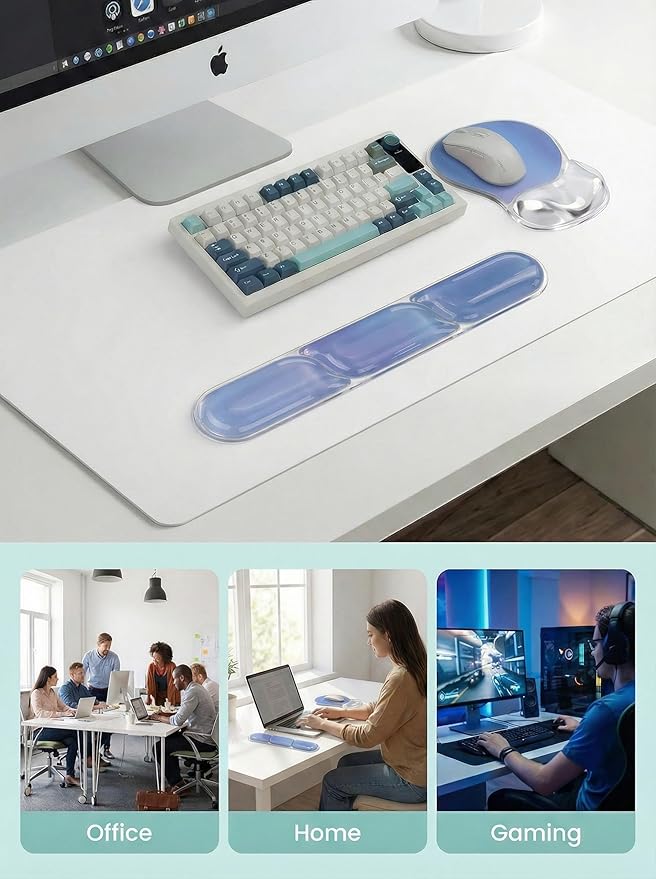 icolor Crystals Gel Mouse Pad Keyboard Wrist Rest Set, Ergonomic Keyboard & Mousepads Wrist Support, Non Slip Gel Keyboards Wrist Rest Desk Pad for Computer Laptop Gaming Office Gift (MicroBlue)