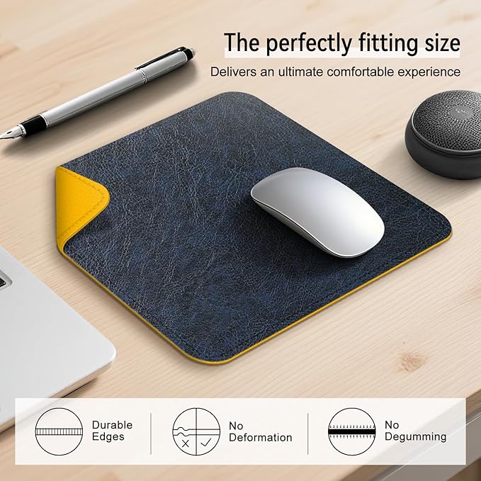 Imitation Crazy Horse Leather Desk Mat - Waterproof Desk Pad - Ideal for Large Mouse Pad and Desk Mats on Top of Desks (Dark Blue+Yellow, 11"*8")
