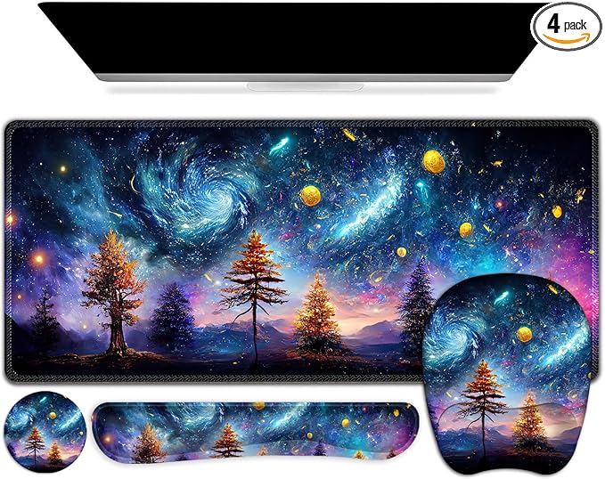 4 in 1 Large Mouse Pad, Keyboard Wrist Rest Set, Ergonomic, Non-slip, Waterproof, Colorful World