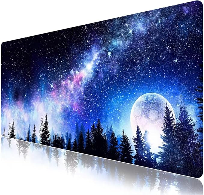 Mouse Pad, Cute Cool XXL Large Desk Mat for Desk Cover, Anti-Slip Big Mousepad with Stitched Edges, Keyboard Mat for Computer Desktop Table Protector I Galaxy Moon Pines