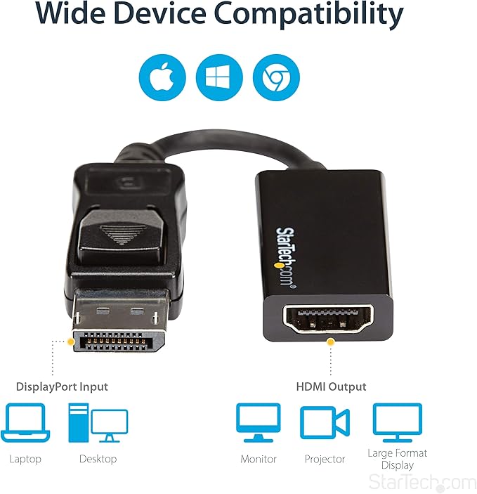 StarTech.com DisplayPort to HDMI Adapter - 4K 60Hz Active DP 1.4 to HDMI 2.0 Video Converter - DP to HDMI Monitor/TV/Display Cable Adapter Dongle - Latching DP Connector (DP2HD4K60S), Black