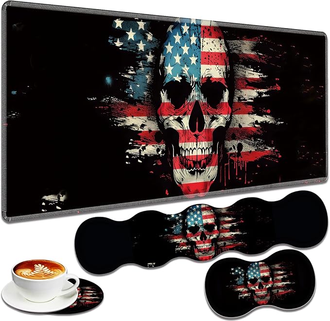 Large Gaming Mouse Pad + Keyboard Wrist Rest + Wrist Support + Coaster Set, Memory Foam Ergonomic for Easy Typing, XXL Extended Gaming Mouse Pad Table Pad - American Flag Skull