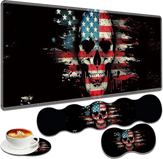Large Gaming Mouse Pad + Keyboard Wrist Rest + Wrist Support + Coaster Set, Memory Foam Ergonomic for Easy Typing, XXL Extended Gaming Mouse Pad Table Pad - American Flag Skull