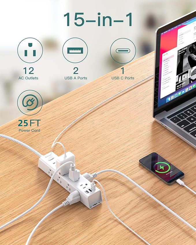 Surge Protector Power Strip - 25 FT Extension Cord, Power Strip with 12 Widely AC Outlet 3 USB, Flat Plug Wall Mount Overload Protection, 1050J, Desk Charging Station for Home Office, ETL Listed,White
