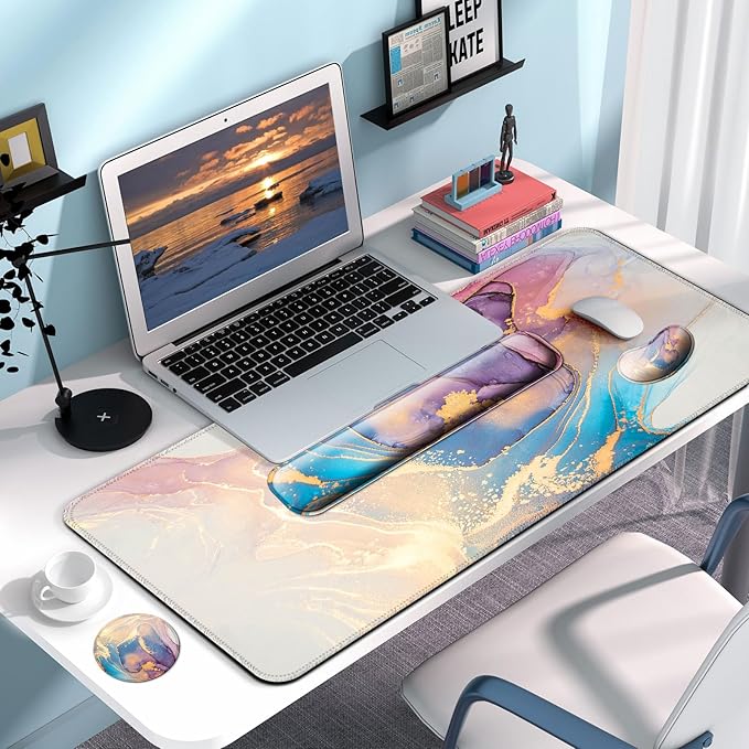 Keyboard Wrist Rest + Mouse Pad with Wrist Support + Desk Mat + Coaster 4 in 1 Set, XXL Large Gaming Mousepad Cute Ergonomic Mouse Pads for Desk Computer Laptop Office Decor-Blue Marble