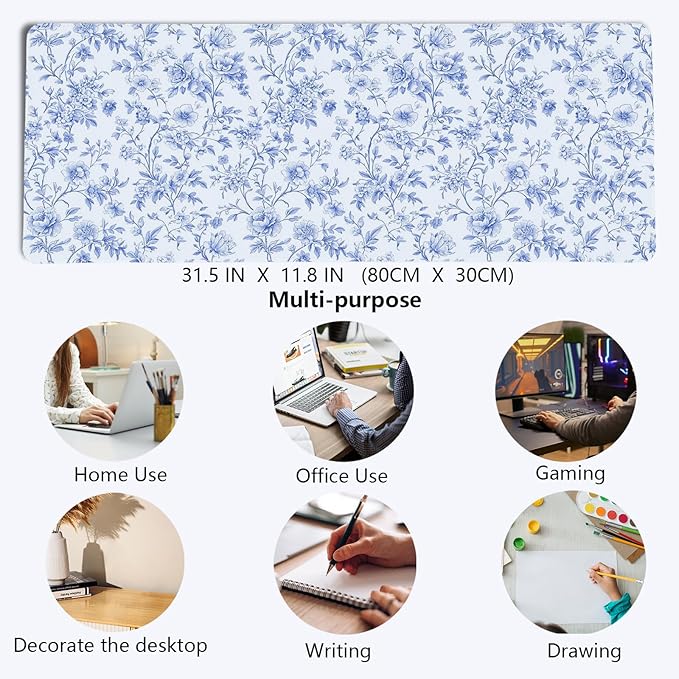 Light Blue Chinoiserie Mouse Pad,Vintage Blue and White Floral Desk Mat,XL Large Vintage Floral Preppy Mouse Pad,Girly Laptop Desk Mat for Dorm Home Office Decor,31.5x11.8 in