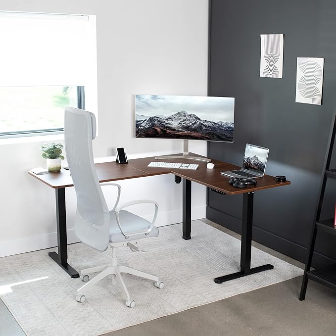 VIVO Corner Standing Desk, 63 x 55 inch Reversible L-Shaped Workstation, Electric Height Adjustment, Home, Office, and Reception Rooms, Dark Walnut Table Top Black Frame, DESK-E3CTD