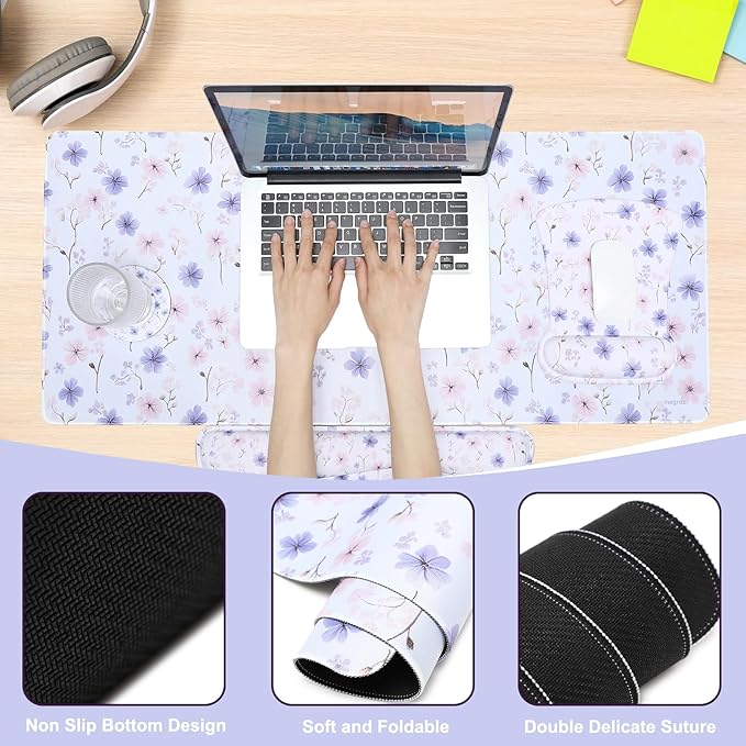 MEGREZ 4-in-1 Ergonomic Memory Foam Wrist Rest Set, Desk Pad, Mouse Pad with Wrist Rest, Keyboard Pad, Suitable for Office Workers, Programmers & Gamers–Relieve Typing & Gaming Fatigue, White Flower