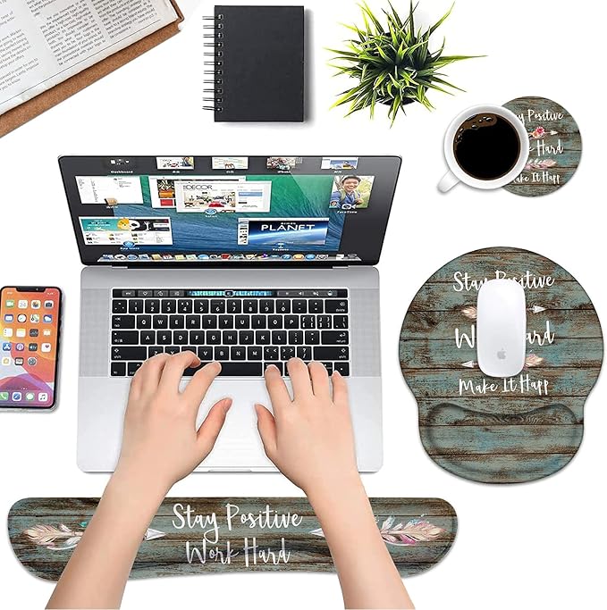 Keyboard Wrist Rest and Mouse Pad Wrist Rest Support Set with Coasters, Stay Positive Work Hard and Make It Happen Inspirational Quote Non-Slip PU Base, Perfect for Home Office Working Studying