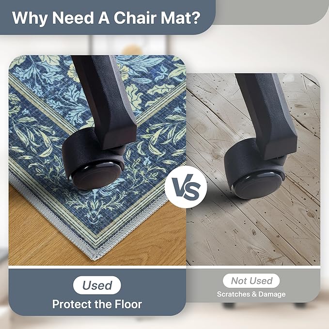 36"x48" Office Chair Mat for Hardwood Tile Floor, Under Desk Carpet Protector for Rolling Computer Chair Mat, Machine Washable Area Rug, Anti-Slip 1/5" Thick Low Pile Thin Vinyl Floor Mat, Dark Blue