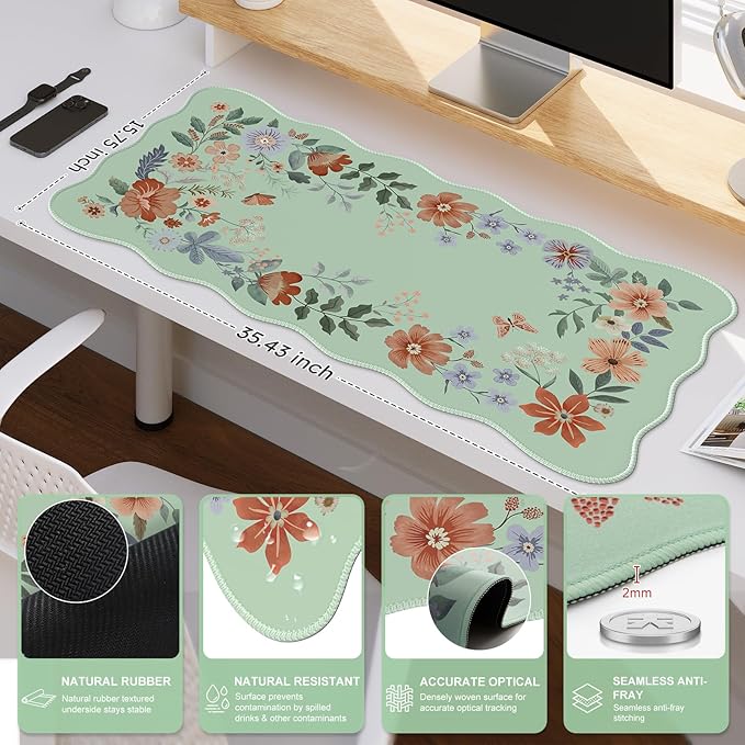 iCasso Large Mouse Pad, Scalloped Desk Matt for Desktop, Anti-Slip Big Mousepad with Stitched Edges, Floral Desk Mat for Keyboard and Mouse for Computer(Light Green)