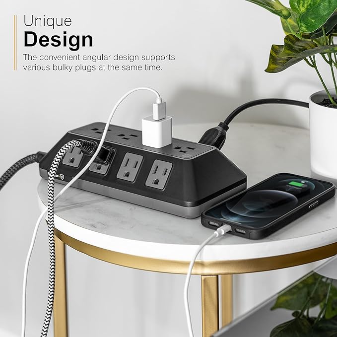 GE UltraPro Adapt 12-Outlet Surge Protector, 6ft Braided Heavy Duty Extension Cord, Flat Plug Power Strip, 3540 Joules, Black, 74542