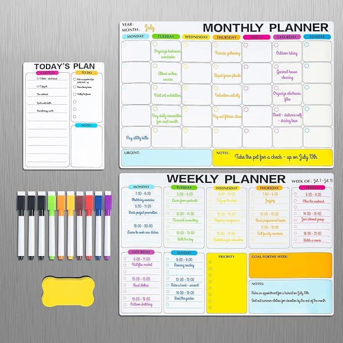 3 Pack Dry Erase Calendar for Fridge, 16.5 x 12 Monthly & Weekly & Daily Chore Chart, Planning Whiteboard with 10 Markers and Eraser, Use for Refrigerator Wall Door- Shopping, Meal/Menu, to Do List