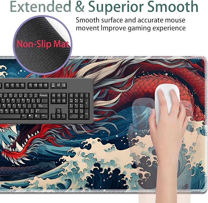 Large Gaming Mouse Pad + Keyboard Wrist Rest + Wrist Support + Coaster Set, Memory Foam Ergonomic for Easy Typing, XXL Extended Gaming Mouse Pad Table Pad - Sea Wave Red Dragon