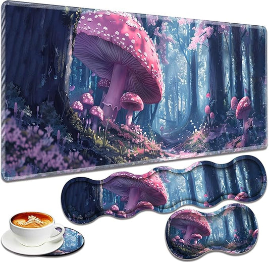Large Gaming Mouse Pad + Keyboard Wrist Rest + Wrist Support + Coaster Set, Memory Foam Ergonomic for Easy Typing, XXL Extended Gaming Mouse Pad Table Pad - Mushroom Forest