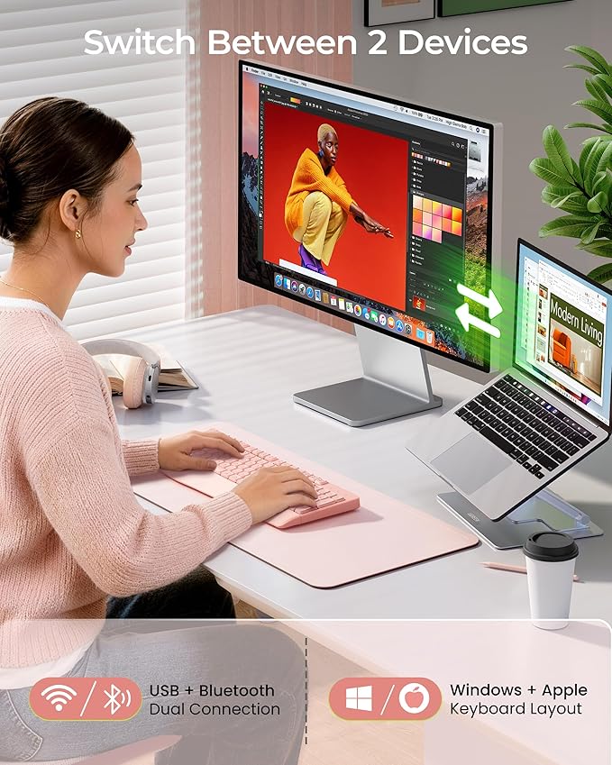 seenda Bluetooth Wireless Keyboard, Wireless Ergonomic Keyboard with Wrist Rest, Multi-Device Bluetooth Keyboard with Number Pad, Full-Size Keyboard for Computer/Laptop/Mac/MacBook, Pink