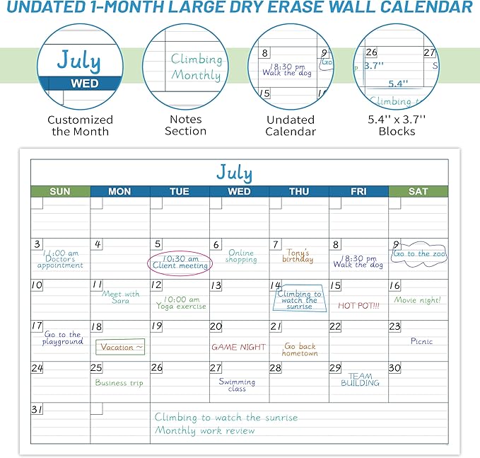 Large Dry Erase Calendar - Undated 1 Month Dry Erase Calendar for Wall, 40" x 28", Erasable & Reusable Laminated Dry Erase Wall Calendar with 10 Round Stickers, Large Space for Office