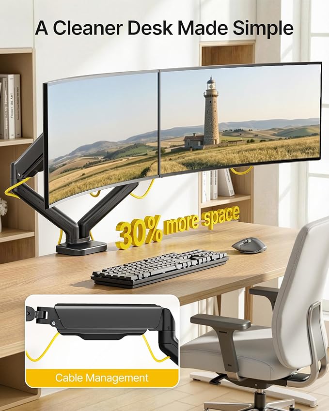 monTEK Dual Monitor Mount Fits 17-32 Inch Screens Holds 19.8lbs, Fully Adjustable Dual Monitor Arm, with Clamp/Grommet, Cable Management, Quick Release Plate, VESA 75/100mm