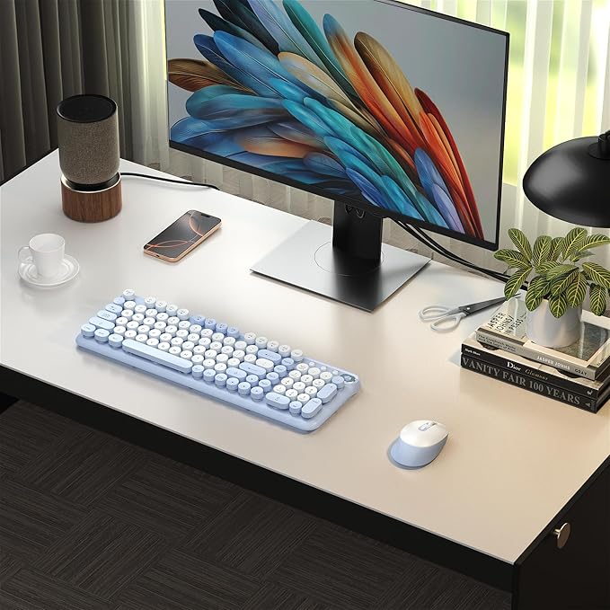Wireless Keyboard and Mouse Combo, 2.4GHz USB Receiver, Plug and Play, Retro Full Size Typewriter Keyboard and Wireless Mouse for Computer, Laptop, Windows, Mac, and PC (Blue)