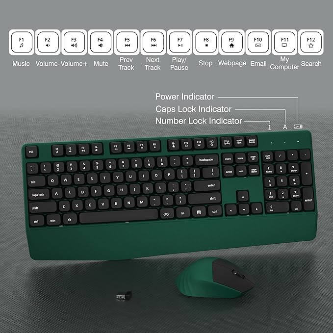 Wireless Keyboard and Mouse Combo, Full-Sized 104 Keys 2.4GHz Wireless Keyboard with Palm Rest and Wireless Mouse for Windows, Mac OS PC/Computer/Laptops/Desktops(Green)