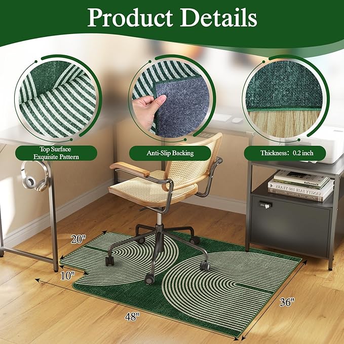 Office Chair Mat for Hardwood Floor & Tile Floor,36"X 48" Heavy Duty Desk Chair Mat for Hard Floors, Under Desk Rug for Rolling Computer Chair,Anti Slip,Low Pile Carpet Protector-Convex Geo Green