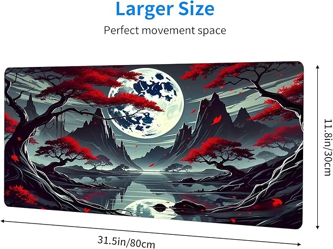 Japanese Dark Red Moon Desk Mat Large Gaming Mouse Pad Dark Red Moon Extended Mousepad Big in Laptop Computer Mouse Keyboard Mat for Office Desk Decor 31.5x12 in