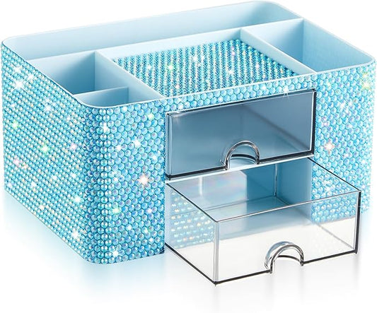 Blue Bling Desk Organizer with 2 Drawer, Sparkly Makeup Organizer for Vanity, Girly Desk Accessories, Rhinestone Pen Holder, Elevate Your Workspace with Blue Serenity (Diamond)