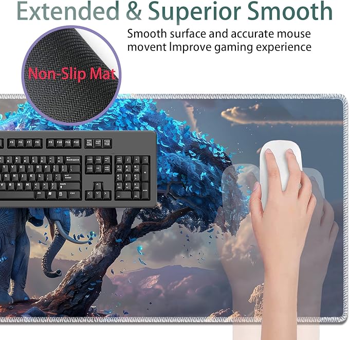 Large Gaming Mouse Pad + Keyboard Wrist Rest + Wrist Support + Coaster Set, Memory Foam Ergonomic for Easy Typing, XXL Extended Gaming Mouse Pad Table Pad - Blue Leaves and Elephants