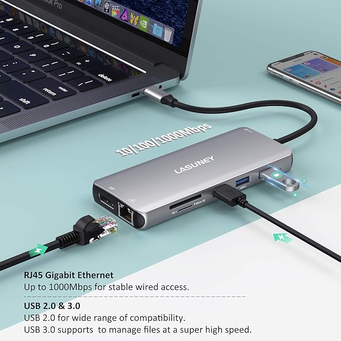 LASUNEY 12-in-1 Hub USB C Laptop Docking Station Dual Monitor, Multiport Adapter Dongle with 2 HDMI, DisplayPort, RJ45, SD/TF, USB C/A Ports, PD, Mic/Audio, Compatible for MacBook Dell HP Lenovo