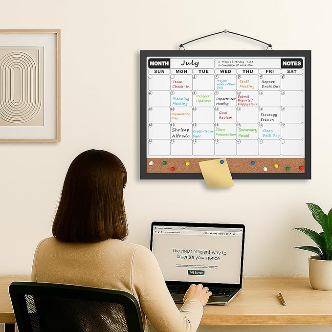Monthly Calendar Dry Erase Board 16x12 Inch, Double-Sided Whiteboard and Corkboard Combo with Black MDF Frame, Wall Mounted Planner with Markers, Magnets, Push Pins, Eraser