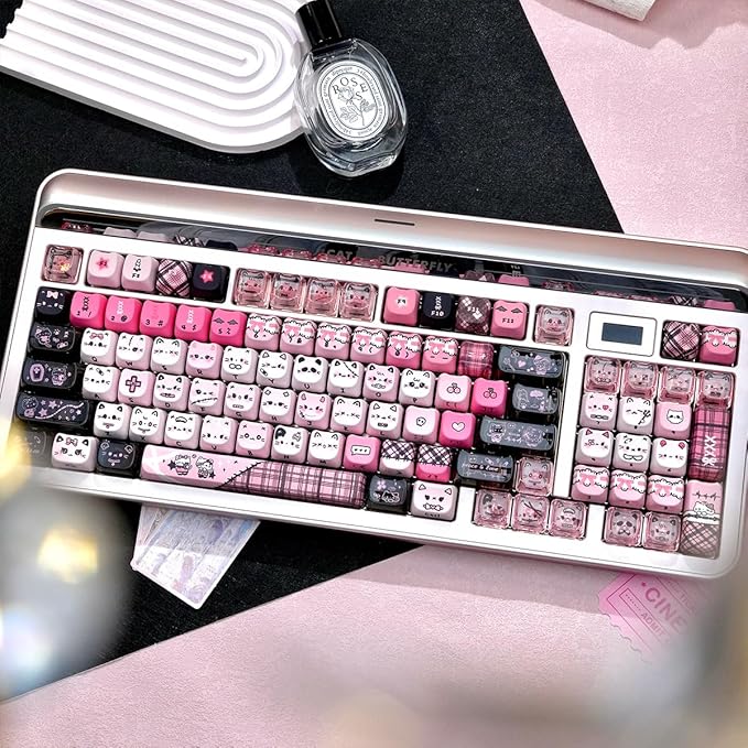 26 Keys Crystal Jelly Personalized Keycaps, PC Material Cute Black Pink Cat Transparent Custom Keycaps, Mao Profile Keycap for DIY MX Swithes Mechanical Keyboards