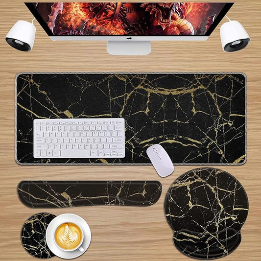 Bxgolkgd Keyboard Wrist Rest and Mouse Pad Wrist Support Set,Ergonomic Memory Foam Wrist Pad & Non Slip Base for Home Office Working Studying Easy Typing,Pain Relief,Black Gold Marble