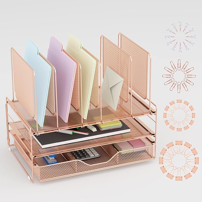 Rose Gold Desk Organizer, Office Organization with Vertical File Holder, File Organizer with Drawer and Office Supplies, Desk Accessories and Workspace Organizers (Rose Gold)