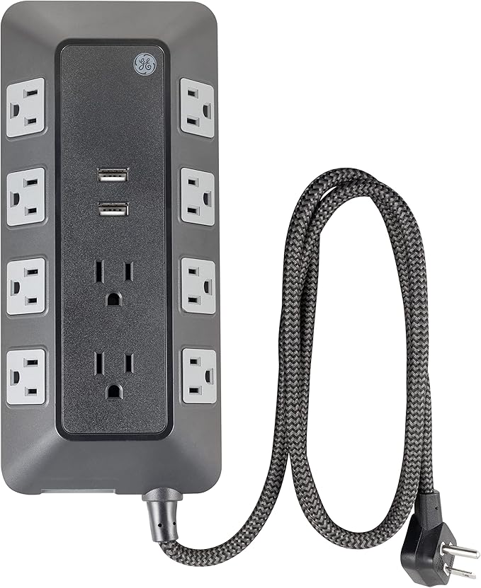 GE UltraPro Adapt 10-Outlet Surge Protector with USB Ports, 2 USB-A Ports, 2.4A, 12W, 4ft Braided Cord Power Strip Surge Protector, 3540 Joules, Black, 73775