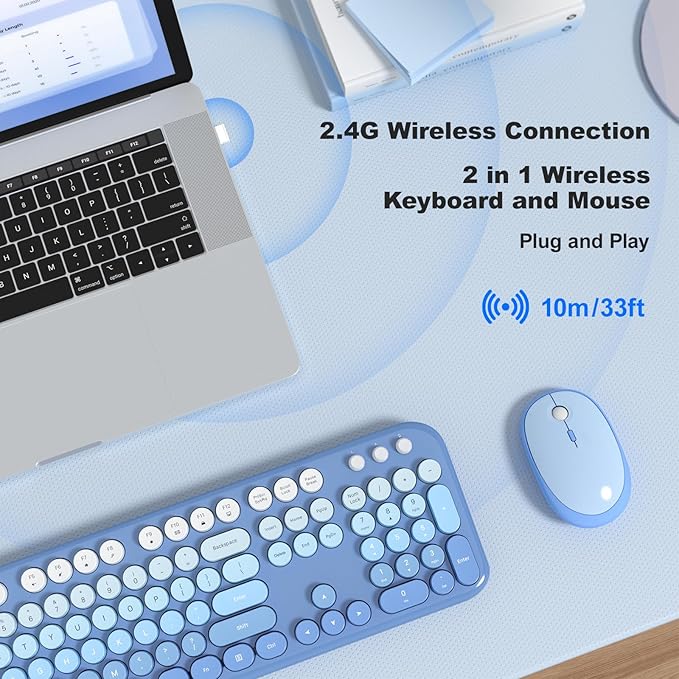 KNOWSQT Wireless Keyboard Mouse Combo - Lovely Blue-Gradient Rainbow Full-Sized Typewriter Colorful Keyboards, Round Keycap Plug Play Retro Cute Keyboards for Windows, Laptop, PC, Desktop, Computer