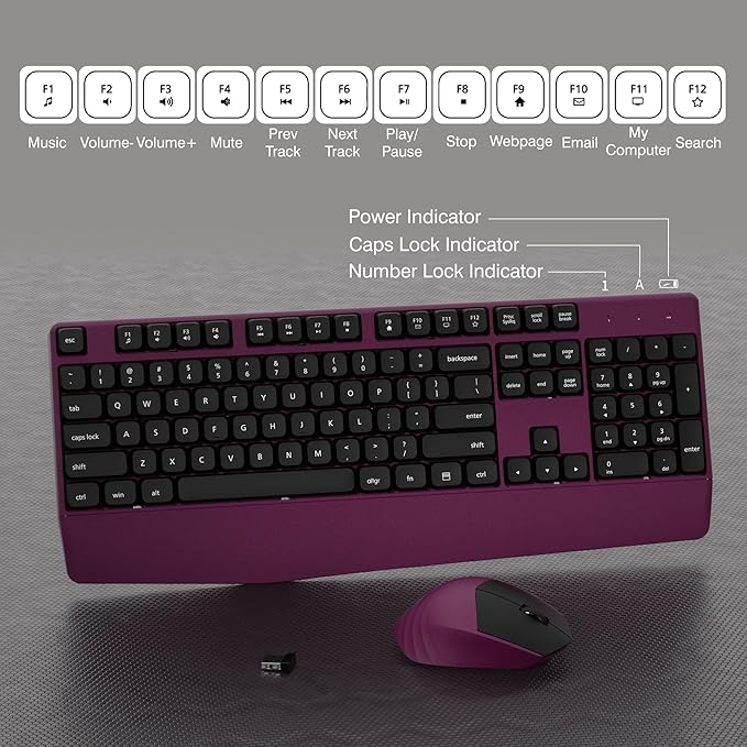 Wireless Keyboard and Mouse Combo, Full-Sized 104 Keys 2.4GHz Wireless Keyboard with Palm Rest and Wireless Mouse for Windows, Mac OS PC/Computer/Laptops/Desktops(Burgundy)