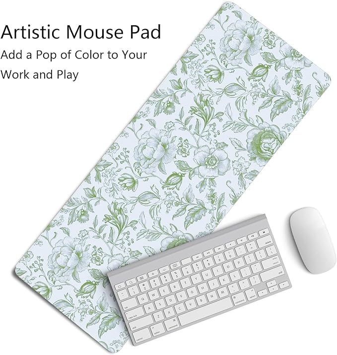 Sage Green Chinoiserie Mouse Pad,Sage Green Floral Desk Mat,XL Large Greens Floral Preppy Trendy Mouse Pad,Girly Gaming Mousepad,Girly Laptop Desk Mat for Dorm Home Office,31.5x11.8 Inch