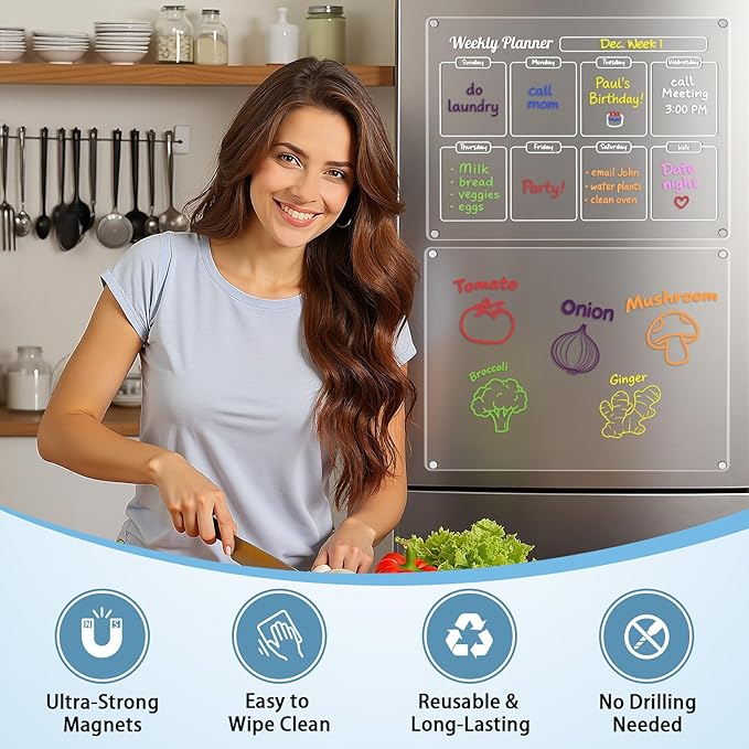 Grtard 3 Pack Acrylic Calendar for Fridge, Magnetic Calendar for Refrigerator, 16"x12" Dry Erase Whiteboard Fridge Calendar,2026 Clear Monthly Weekly Daily Memo Planning Board with 8 Markers