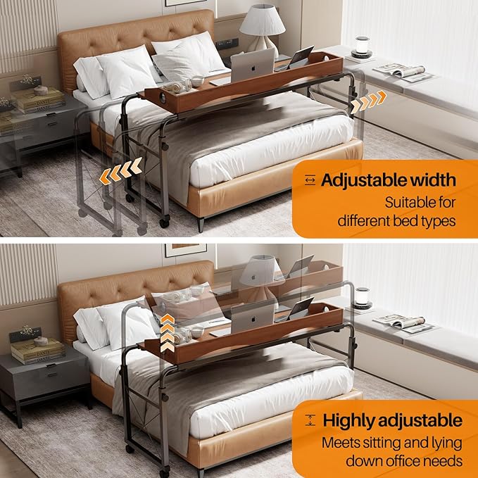 BYMECOST Laptop Desk for Bed, Adjustable Height & Length Laptop Bed Table,Overbed Table with Wheels for Queen Size Beds,Rolling Standing Desk,Over Bed Table for Working Reading Eating