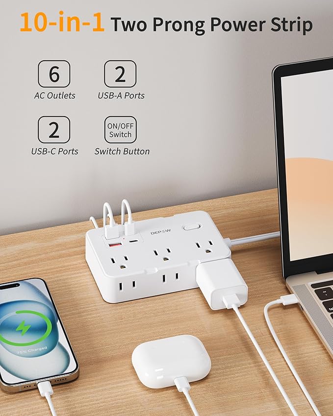 2 Prong to 3 Prong Adapter Power Strip - 6 Outlets & 4 USB Ports (2 USB-C), 1050J Two Prong Surge Protector, 5FT Extension Cord, Wall Mount - Ideal for Old Houses Non-Grounded Outlets