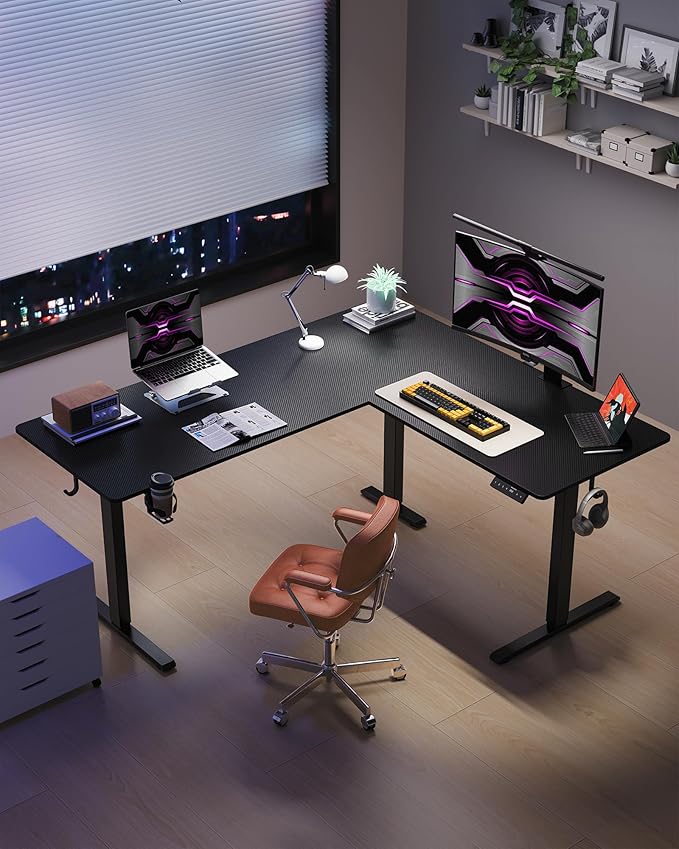 63 Inches Reversible L Shaped Standing Desk for Home Office, Electric Height Adjustable Corner Computer Desk, Sit Stand up Table with Cup Holder, Ergonomic Gaming Desk, Black