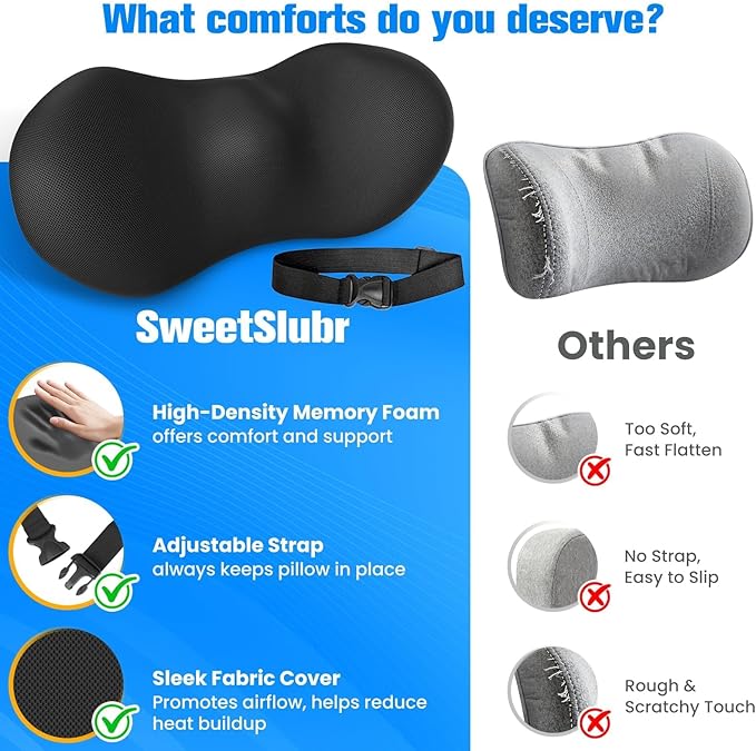 Lumbar Support Pillow for Office Chair - Memory Foam Lumbar Pillow with Detachable Strap & Breathable Cover, Ergonomic Back Support for Office Chair, Car Seat Cushion, Bed Rest (Black)