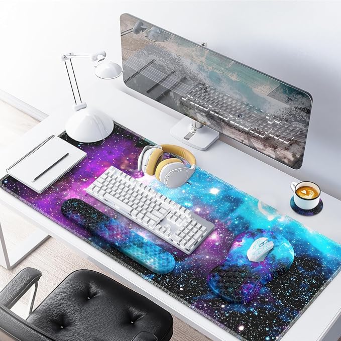 Desk Mat with Wrist Support, Desk Pad for Keyboard and Mouse, Purple Desk Mat, Keyboard Pad and Mouse Pad Combo, Carpal Tunnel Mousepad Gaming for Office, Galaxy Space Purple Nebula