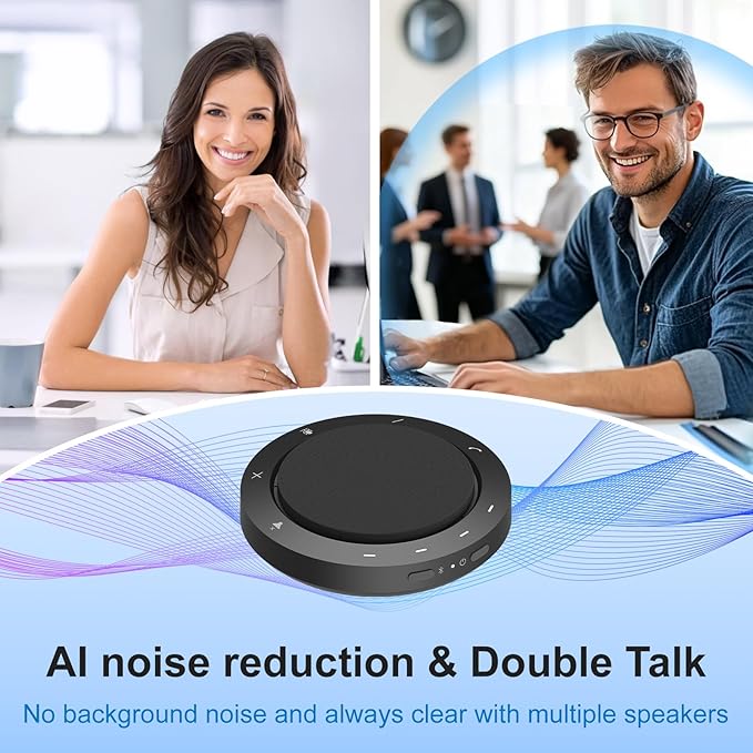Conference Speaker and Microphone, Dual AI Mics with 360° Voice Pickup & Clear Sound, 10–14H Call Time, Bluetooth & USB-C/A Connection, Speakerphone for 1–6 People, Small Teams & Home Office