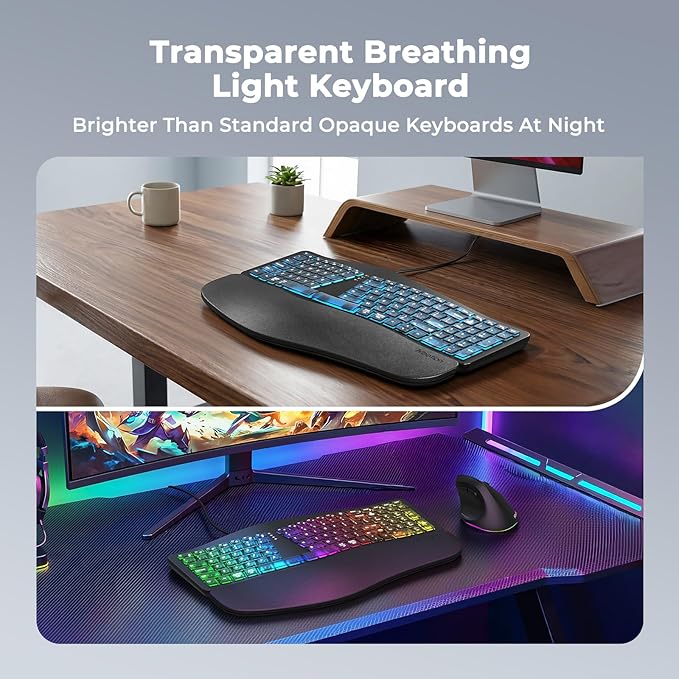 MEETION Ergonomic Keyboard Wired, 7 Colors Transparent Backlit, 4 Brightness, 1 RGB Breathing Backlit, Comfortable Wrist Rest Cushion, USB-A/USB-C Adapter Ergo Keyboard for Windows Mac Computer Laptop