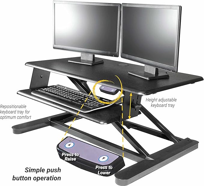 Kantek Standing Desk Converter, Electric Lift, Adjustable From, 6"-23", Large Platform Fits Dual Monitors, Sit to Stand Home Office Workstation, Grommet Hole